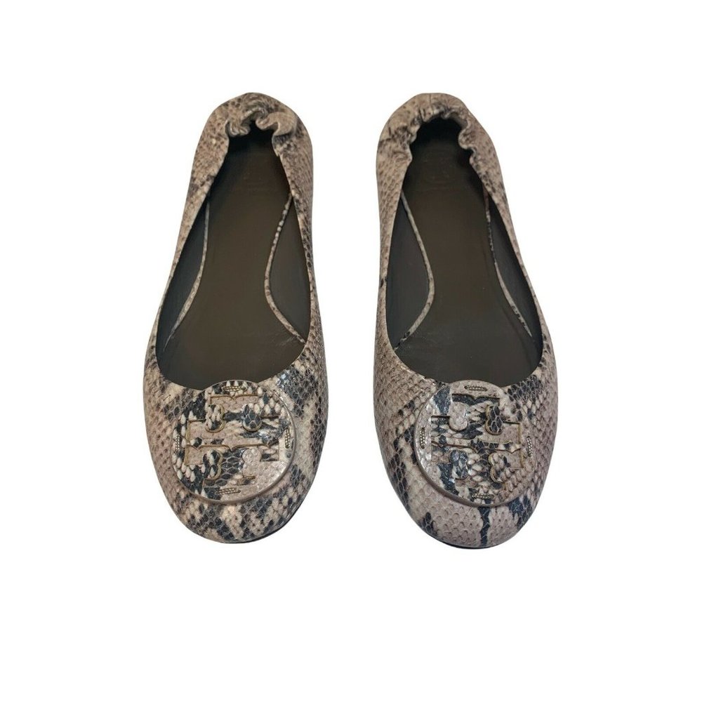 Tory Burch Ballet Flats, Embossed Snakeskin Beige, Gray & Black, Size 10